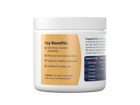 Key benefits listed on the jar label of AnimalBiome's Daily Digest Enzyme Blend for Cat & Dogs
