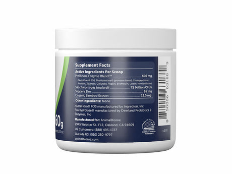 Supplement facts on jar label of AnimalBiome's Daily Digest Enzyme Blend for Cat & Dogs