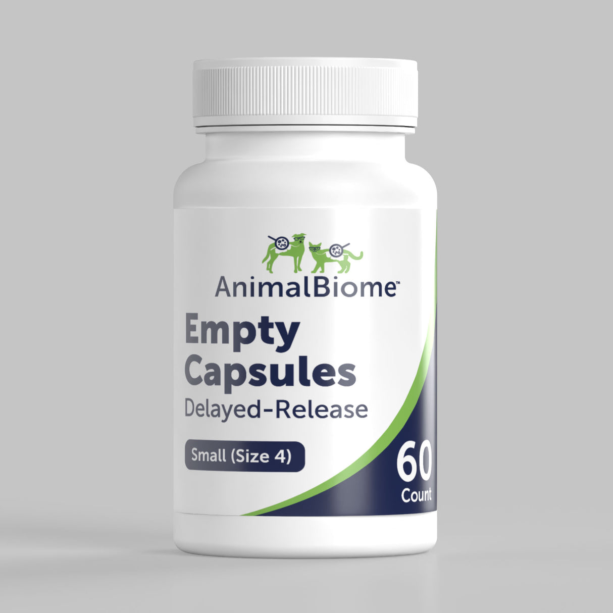Front view of a bottle of AnimalBiome Small Empty Capsules on a grey background