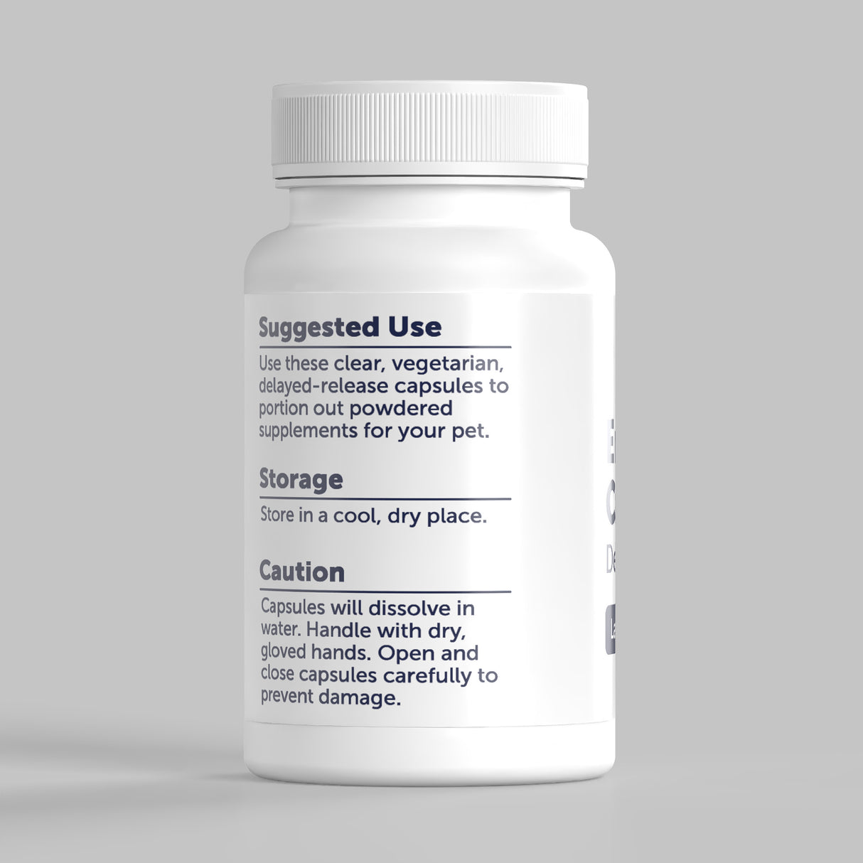Side view of a bottle of AnimalBiome Empty Capsules on a grey background