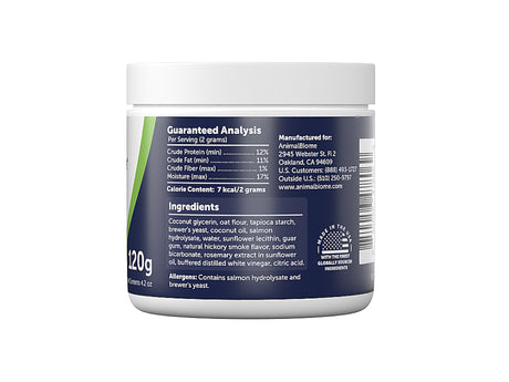 Ingredient panel on the jar label of AnimalBiome's Pill Putty for Cats & Dogs Salmon Flavor
