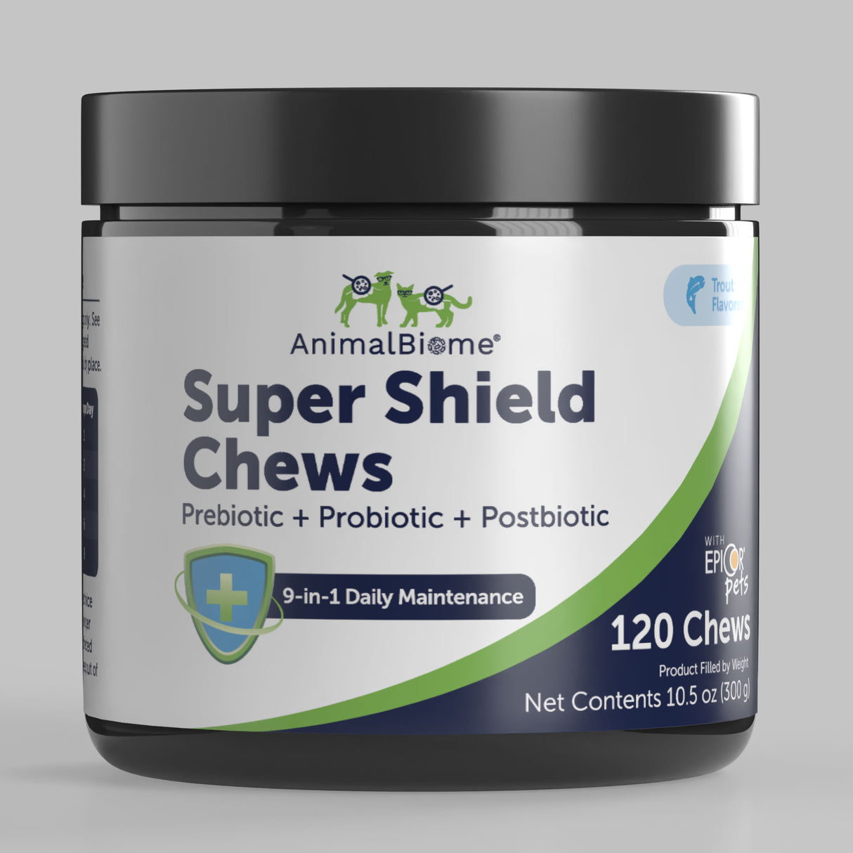 Jar of AnimalBiome Super Shield Chew, a prebiotic + probiotic+ postbiotic chew, on a grey background