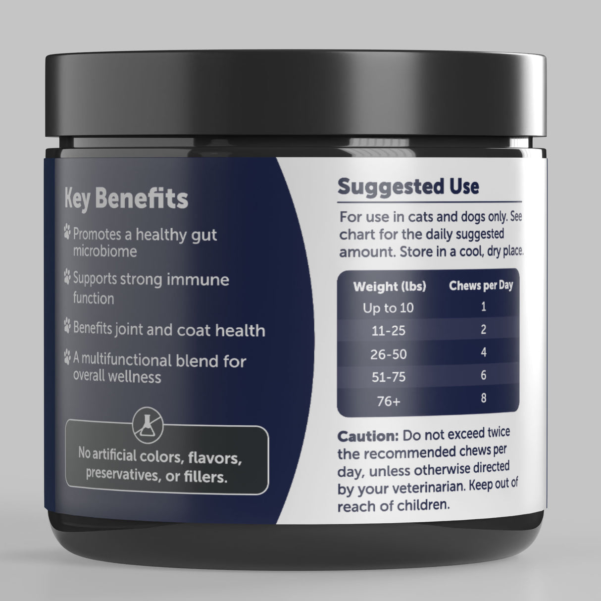 Key benefits and suggested use on the jar label of AnimalBiome Super Shield Chew, a prebiotic + probiotic+ postbiotic chew, on a grey background