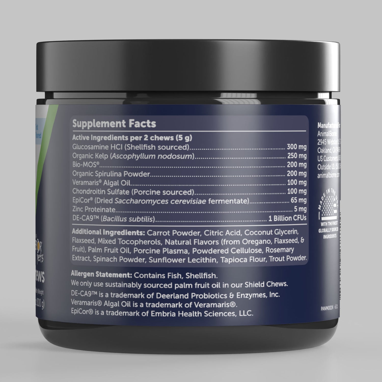 Supplement facts on the jar label of AnimalBiome Super Shield Chew, a prebiotic + probiotic+ postbiotic chew, on a grey background