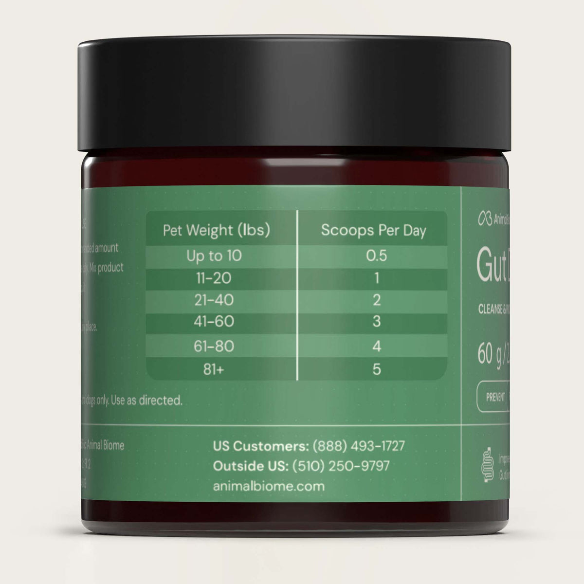 Jar of Animal Biome Gut Defend with label showing Dosage Chart
