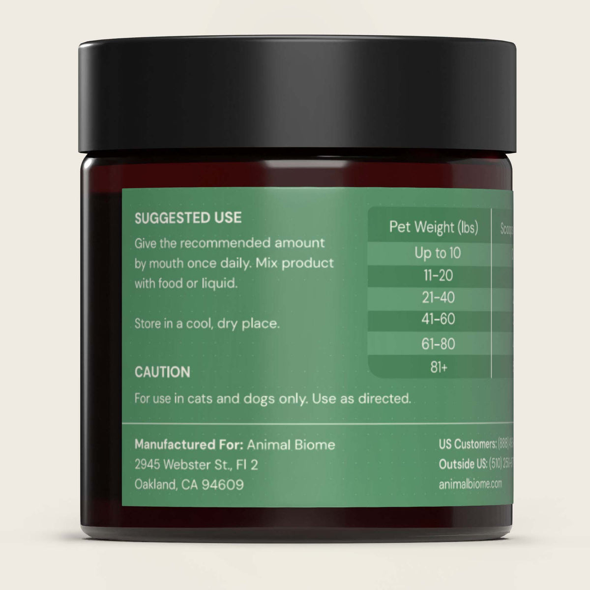 Jar of Animal Biome Gut Defend with label showing Suggested Use