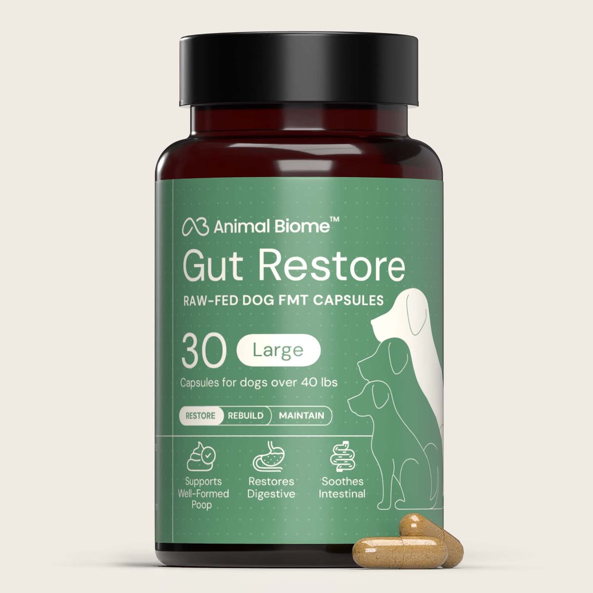 Bottle of Animal Biome Gut Restore raw-fed dog FMT capsules on a beige background