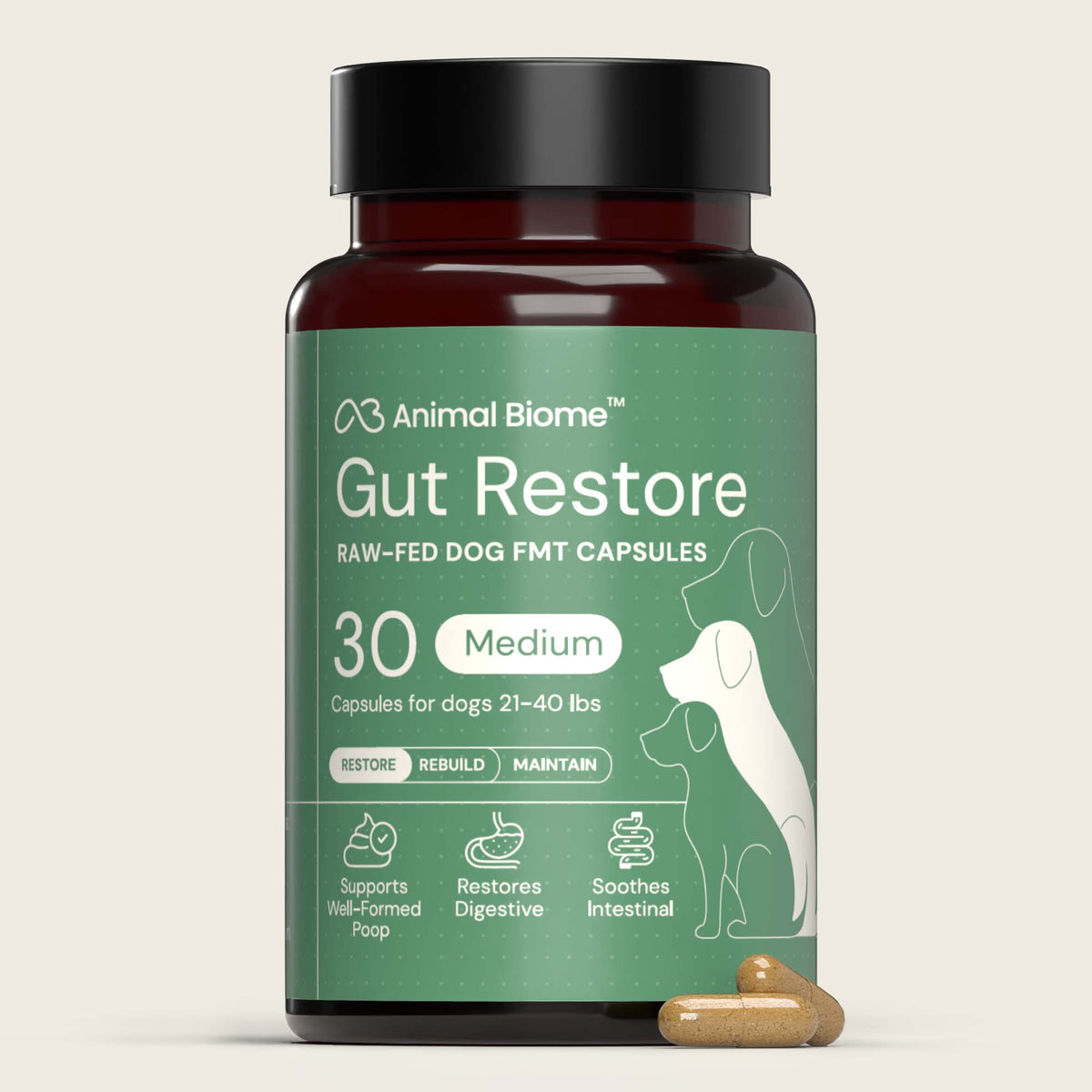 Bottle of Animal Biome Gut Restore raw-fed dog FMT capsules on a beige background