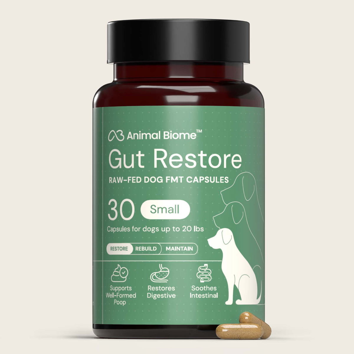Bottle of Animal Biome Gut Restore for dogs on a beige background