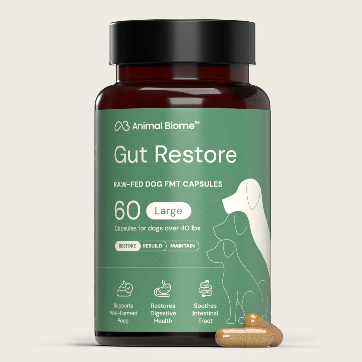 Bottle of Animal Biome Gut Restore raw-fed dog FMT capsules on a beige background