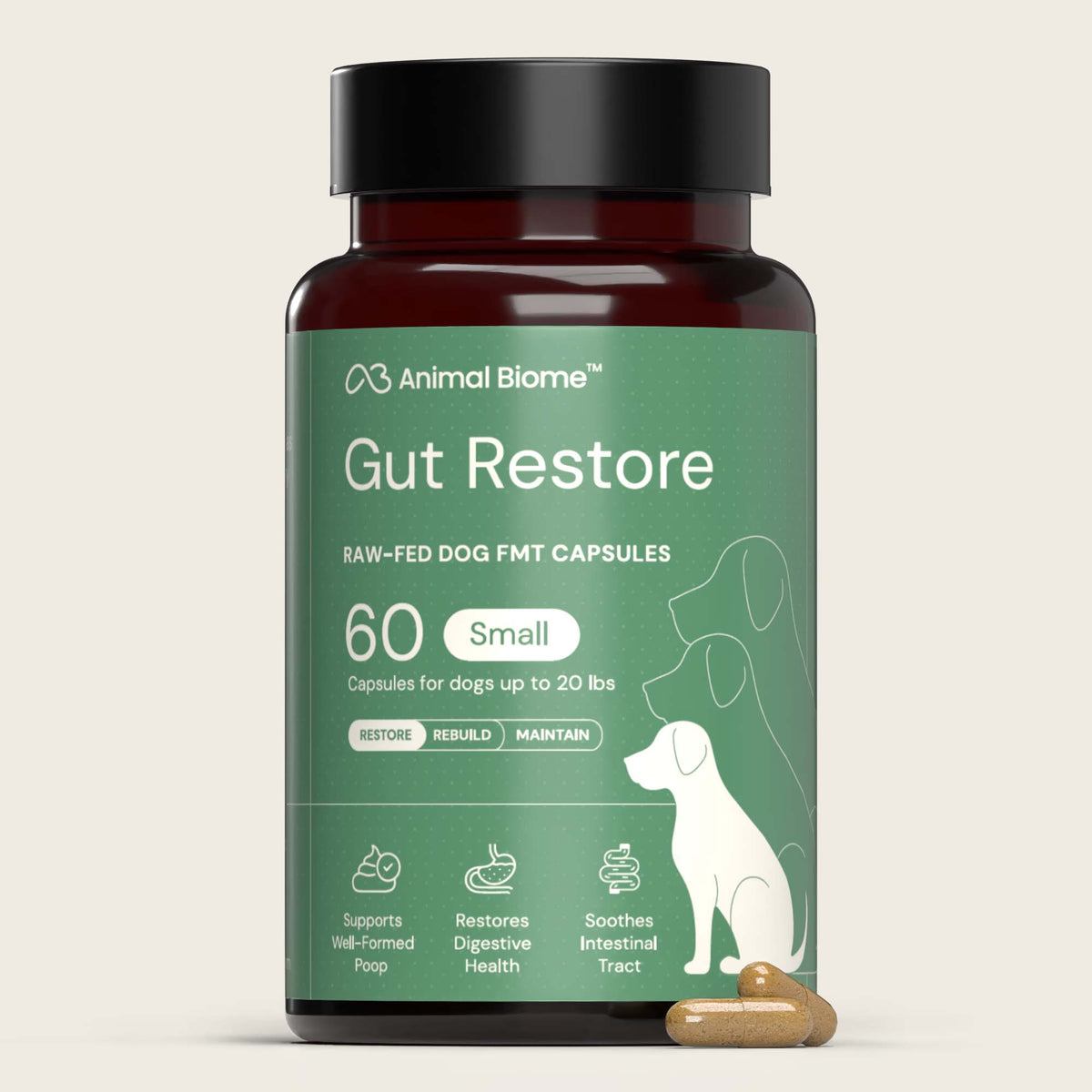 Bottle of Animal Biome Gut Restore raw-fed dog FMT capsules on a beige background