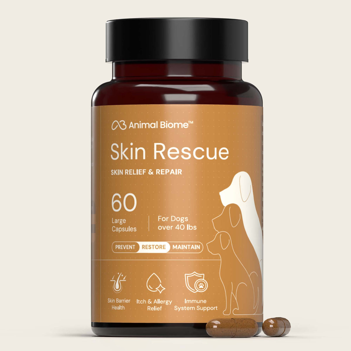 Bottle of Animal Biome Skin Rescue for dogs on a beige background