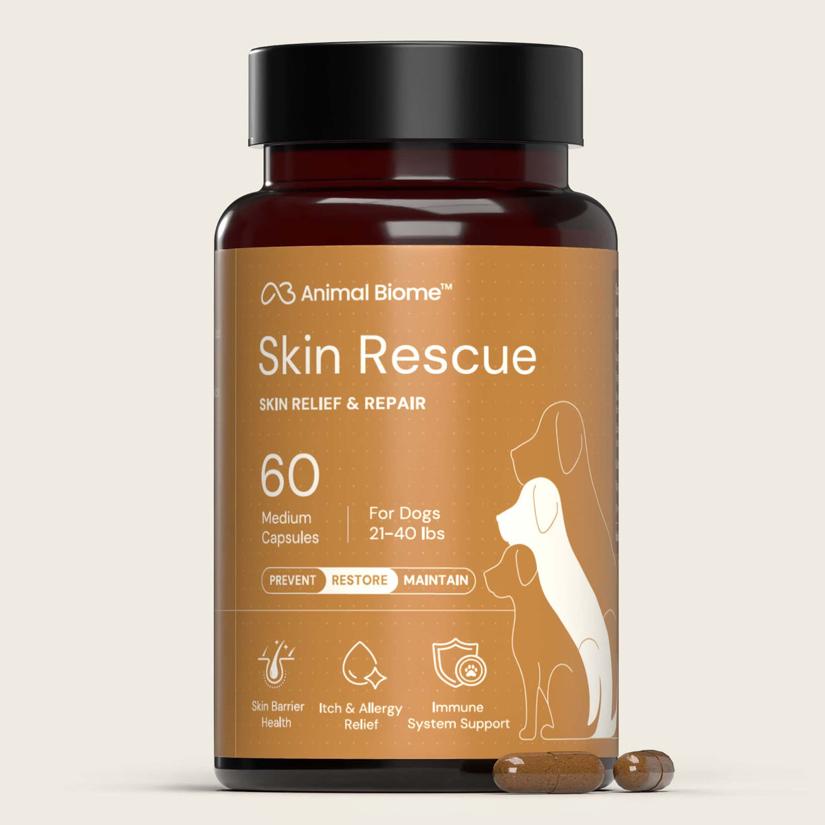 Bottle of Animal Biome Skin Rescue for dogs on a beige background