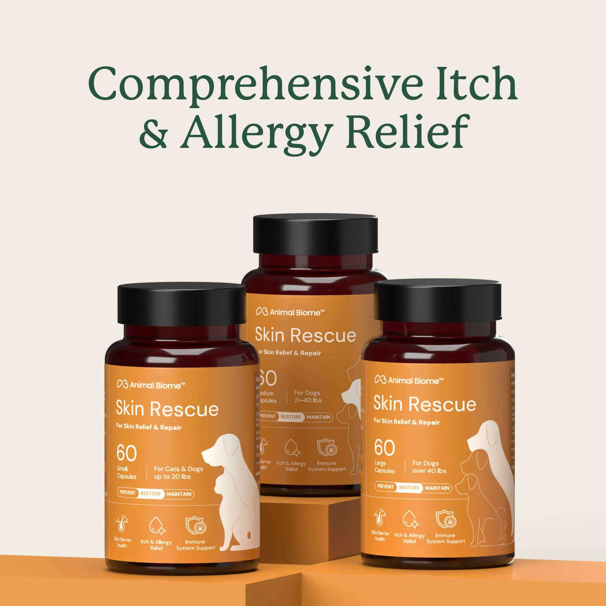 Three bottles of Animal Biome Skin Rescue on a beige background with text about itch and allergy relief.