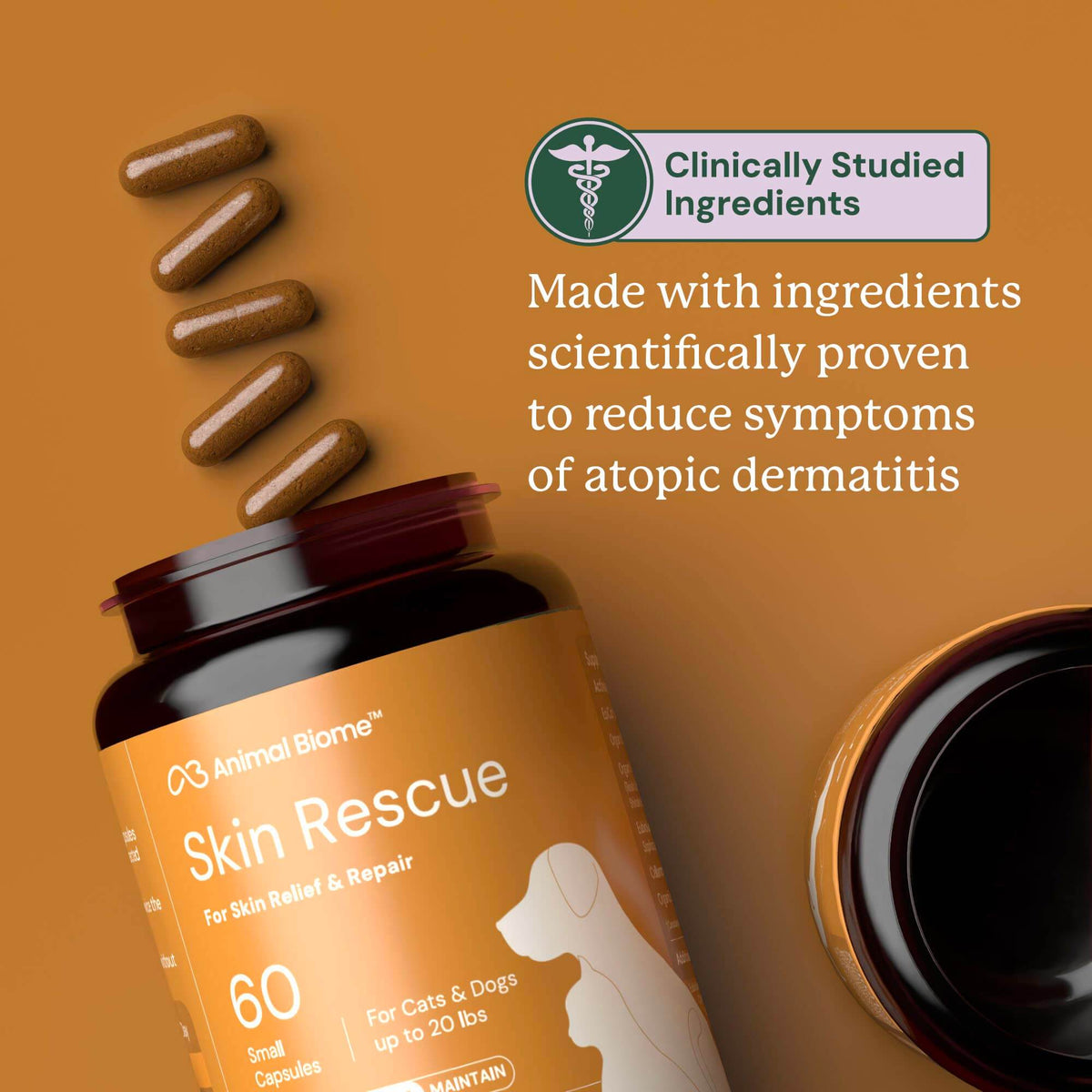 Skin Rescue supplement bottle with capsules on a brown background