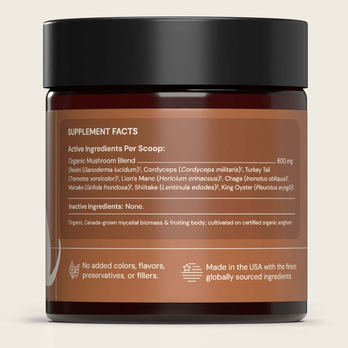 Animal Biome Mushroom Biome Blend jar with label of supplement facts