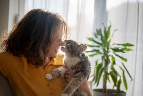 Pet parent sitting with cat