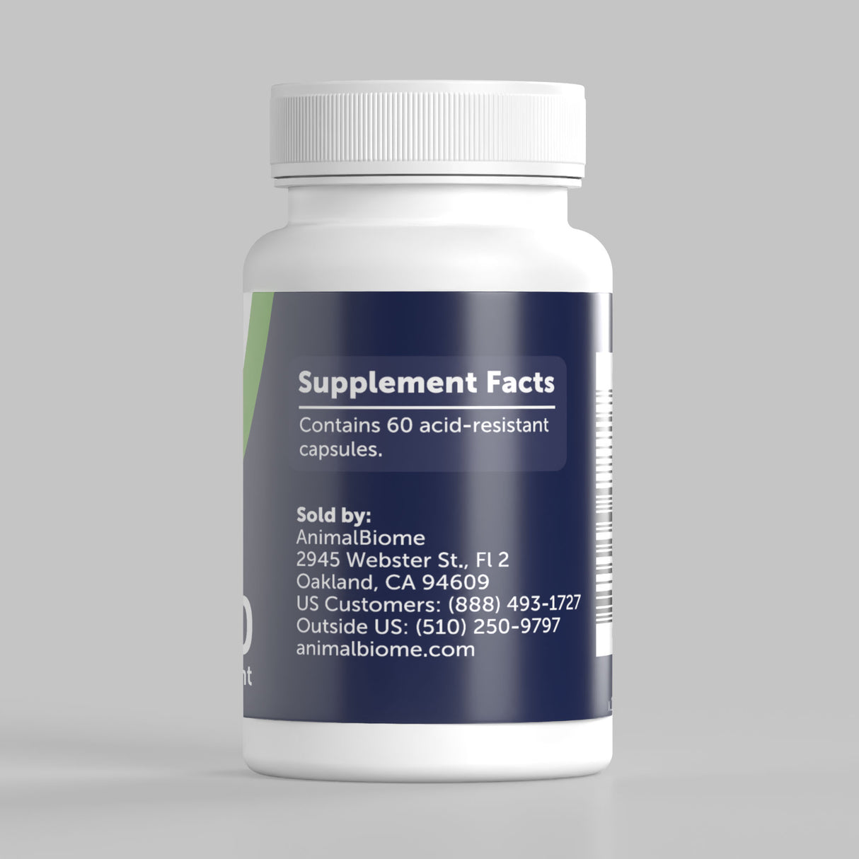 Side view of a bottle of AnimalBiome Empty Capsules on a grey background