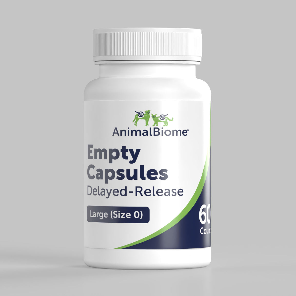 Front view of a bottle of AnimalBiome Large Empty Capsules on a grey background