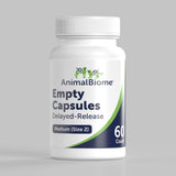 Front view of a bottle of AnimalBiome Medium Empty Capsules on a grey background