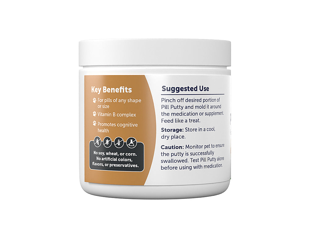 Left side label of a jar of AnimalBiome Pill Putty Peanut Butter Flavor for Cats & Dogs. Key benefits and instructions are visible.