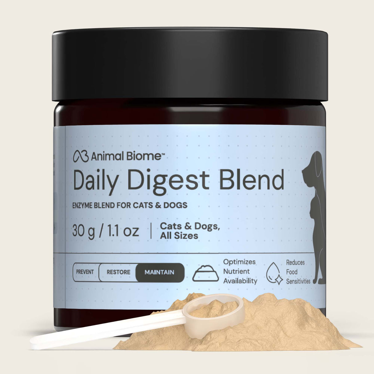 Jar of Animal Biome Daily Digest Blend with scoop and powder on a light background