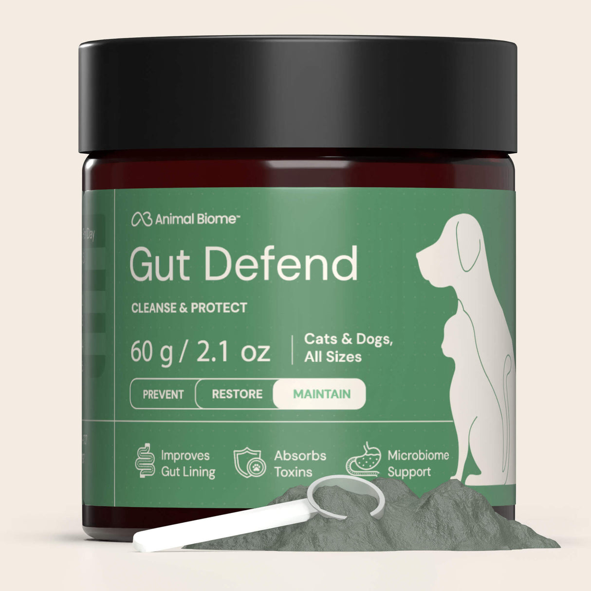 Jar of Animal Biome Gut Defend supplement for pets on a beige background
