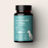 Bottle of 'Gut Rebuild for Dogs' supplement on a light gray background