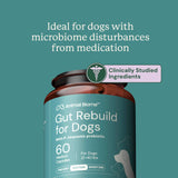 Pet supplement container labeled 'Gut Rebuild for Dogs' by Animal Biome on a teal background.