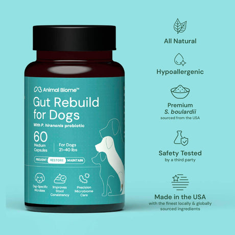 Bottle of Animal Biome Gut Rebuild for Dogs on a light blue background