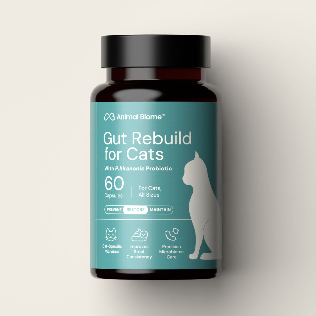 Bottle of Gut Rebuild for Cats on a beige background