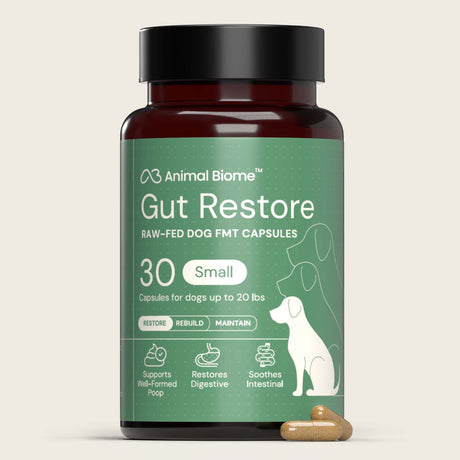 Bottle of Animal Biome Gut Restore for dogs on a beige background