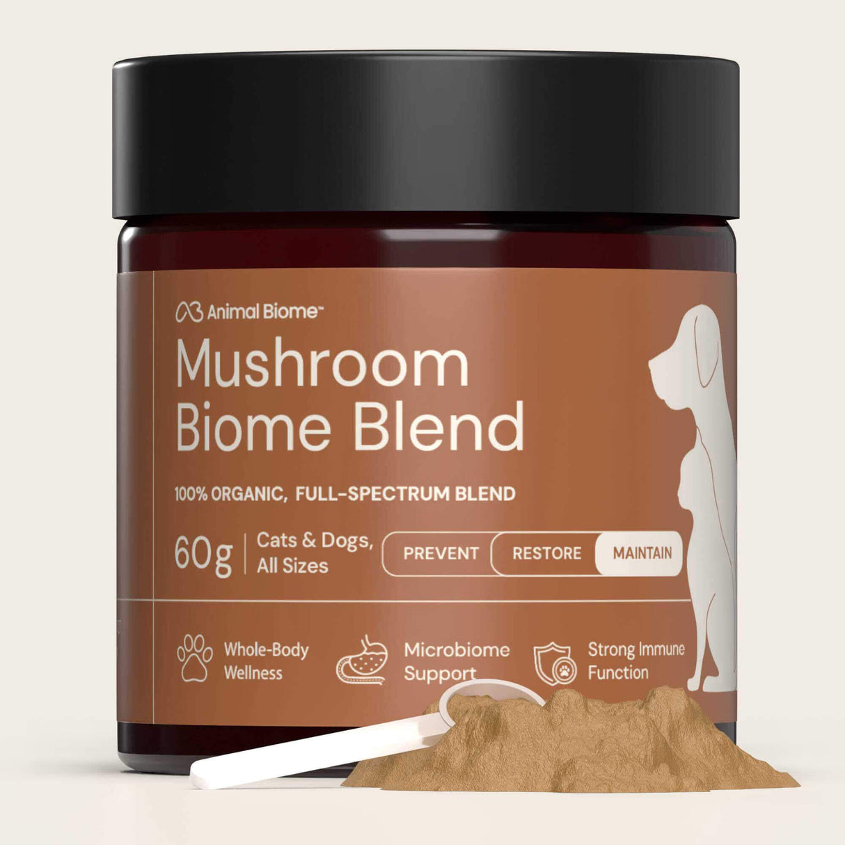 Jar of Mushroom Biome Blend with a black lid on a white background