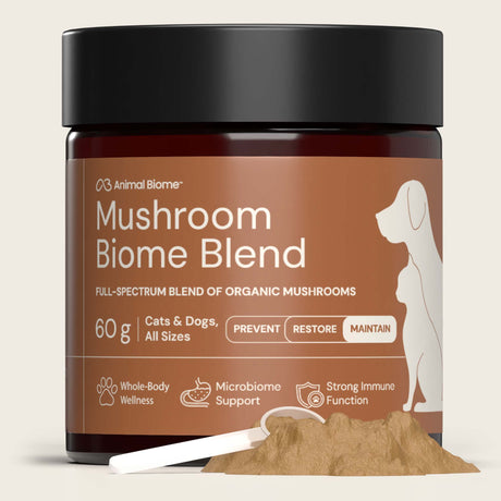Jar of Mushroom Biome Blend for pets with a beige background