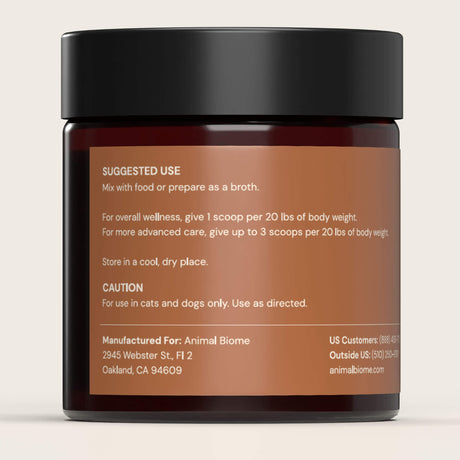 Animal Biome Mushroom Biome Blend jar with label showing suggested us on a beige background