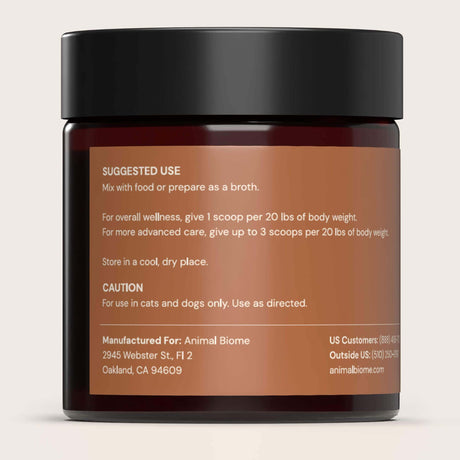 Animal Biome Mushroom Biome Blend jar with label of suggested use