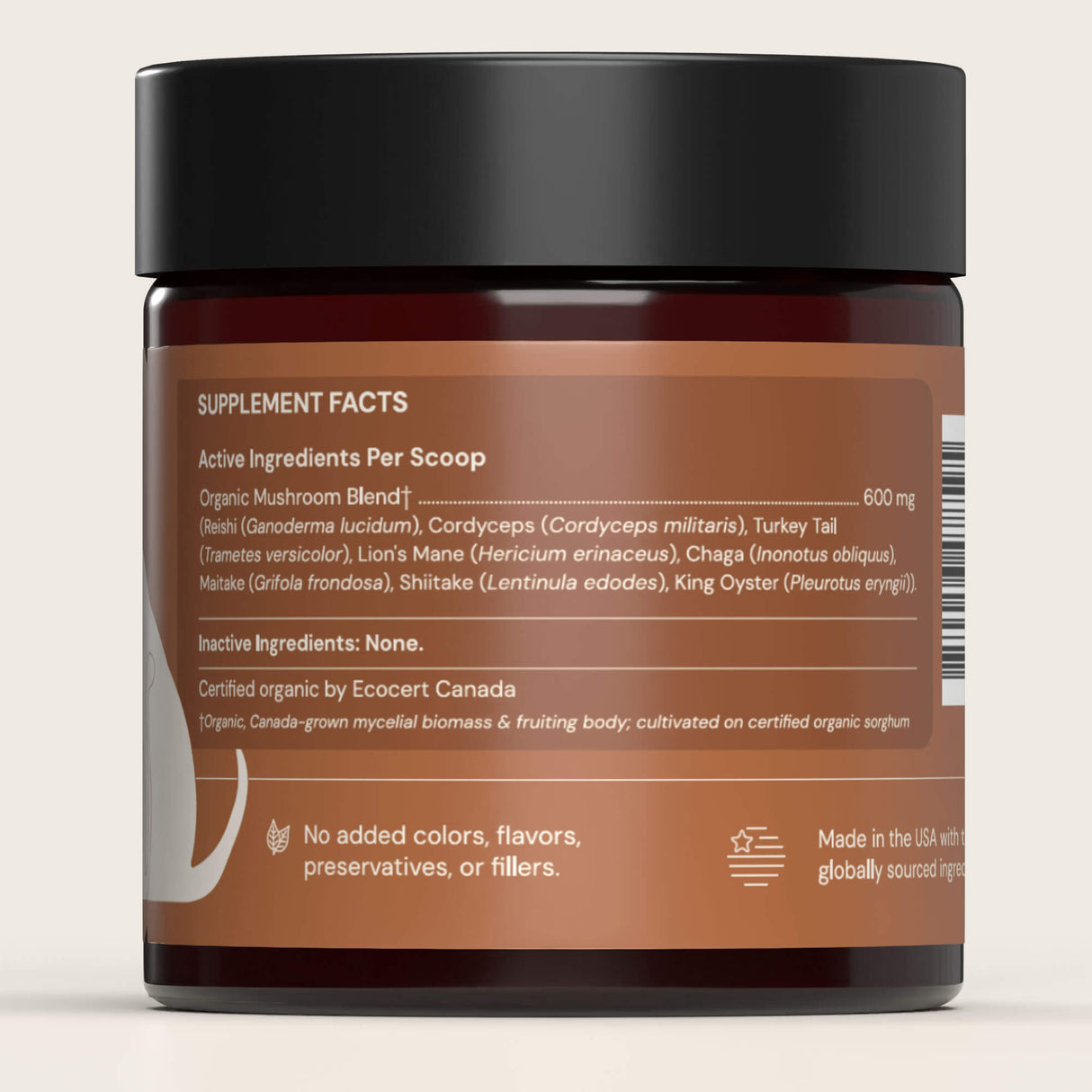 Animal Biome Mushroom Biome Blend jar with label showing supplement facts on a beige background