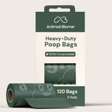 Packaging of Animal Biome heavy-duty poop bags with a roll on a light gray background