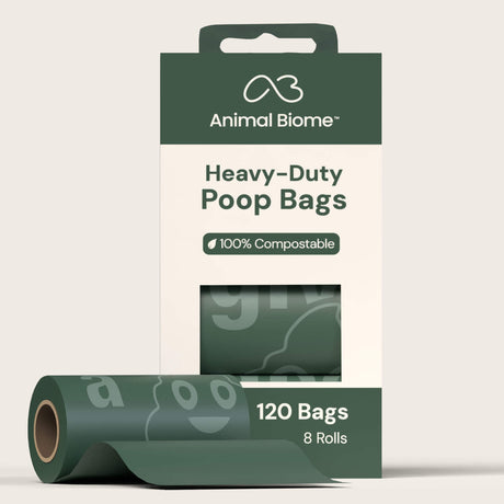 Packaging of Animal Biome heavy-duty poop bags with a roll on a light gray background