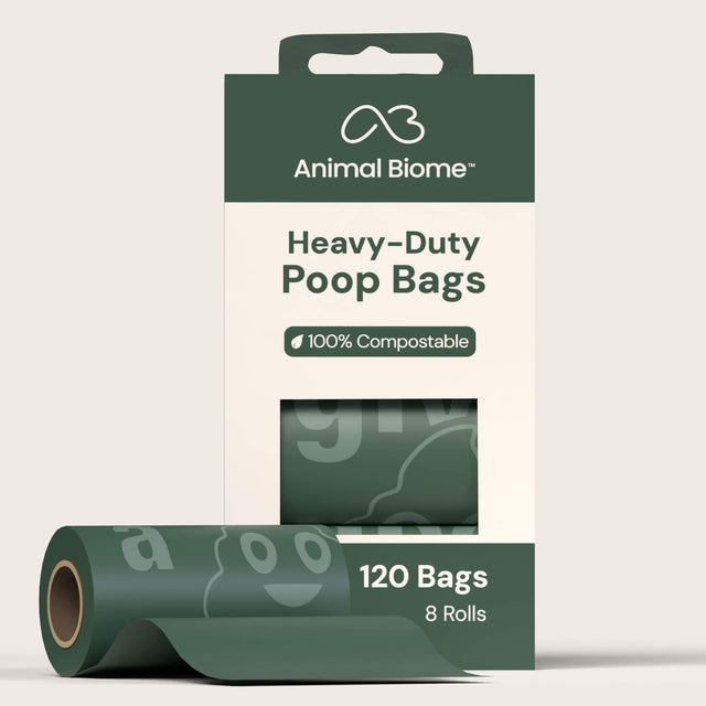 Packaging of Animal Biome heavy-duty poop bags with a roll on a light gray background