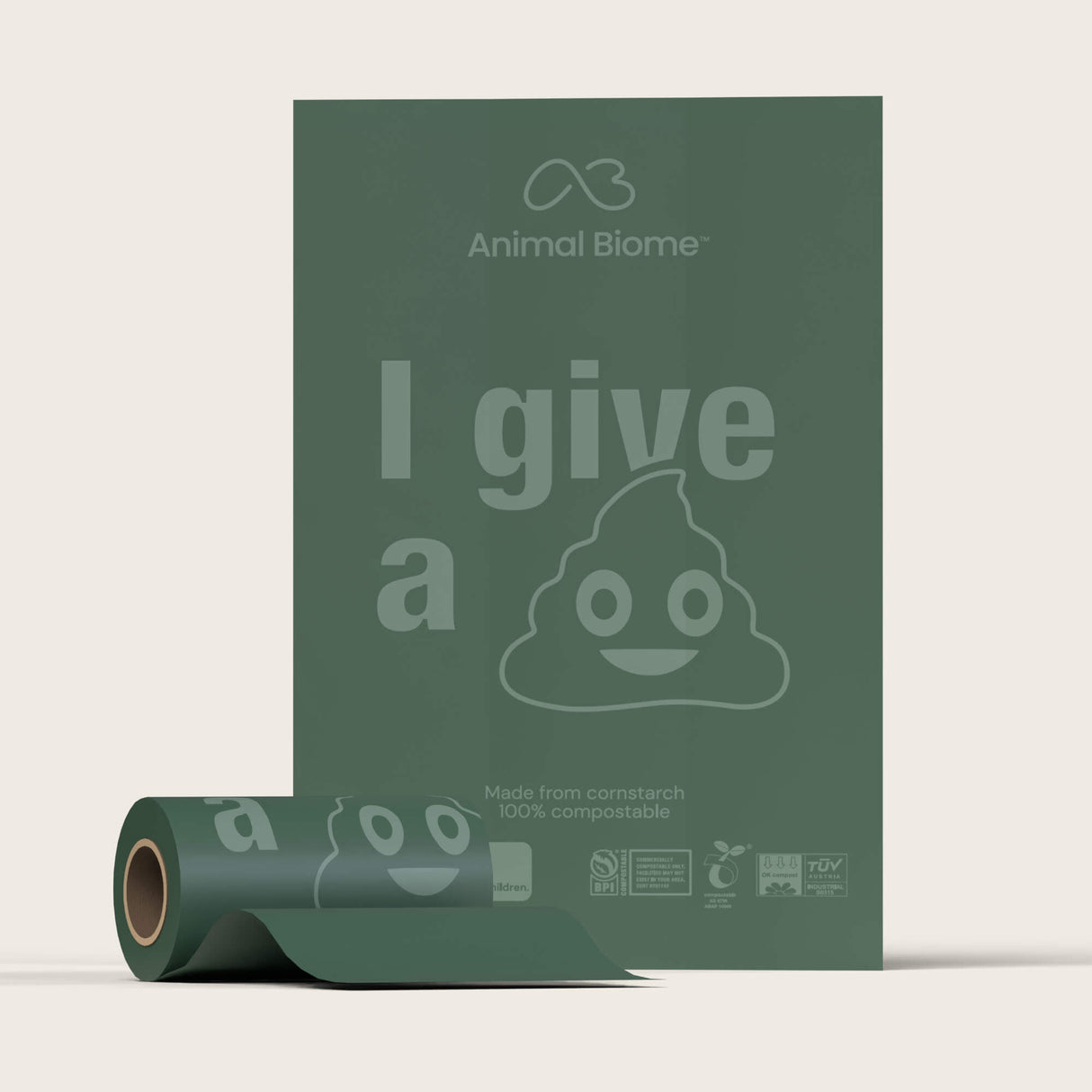 Animal Biome heavy-duty poop bags on a beige background