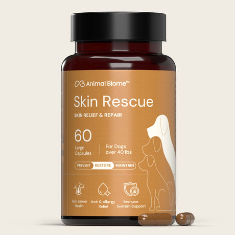 Bottle of Animal Biome Skin Rescue for dogs on a beige background