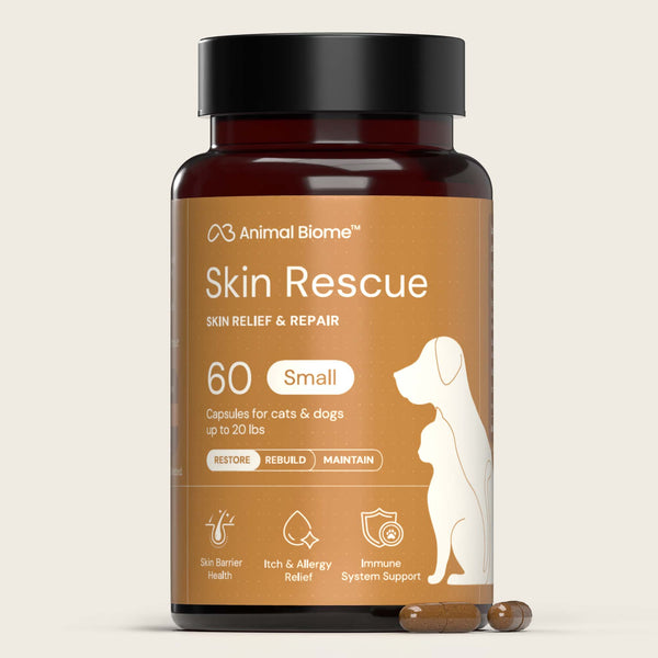 Bottle of Animal Biome Skin Rescue supplement for small pets on a beige background