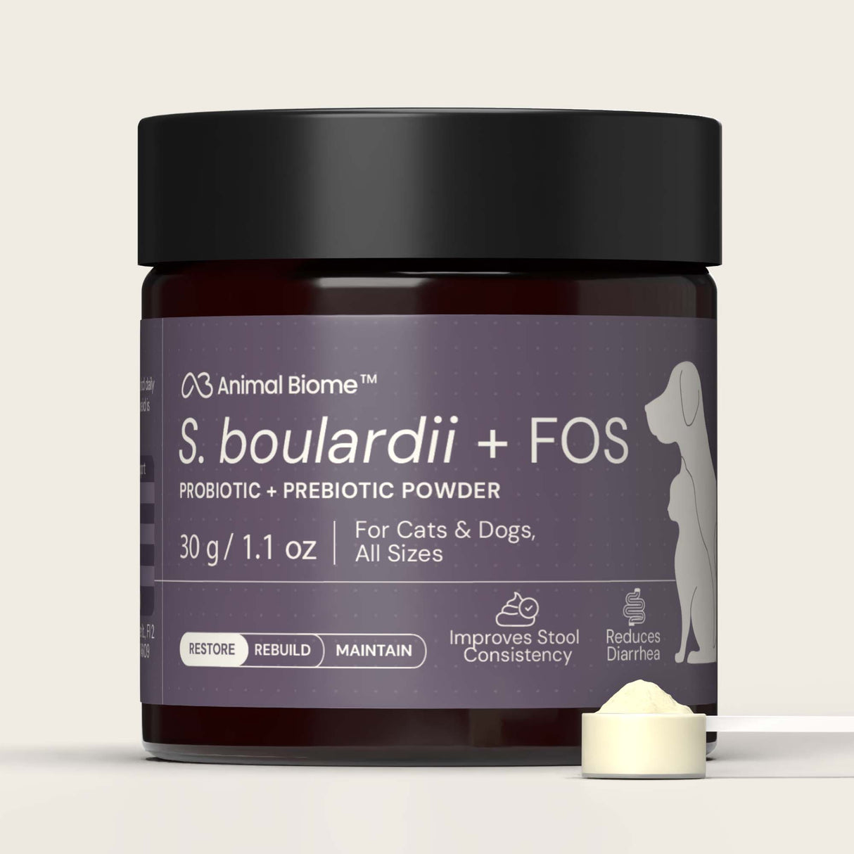 Jar of S. boulardii + FOS powder for pets on a light background
