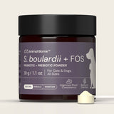 Jar of S. boulardii + FOS powder for pets on a light background