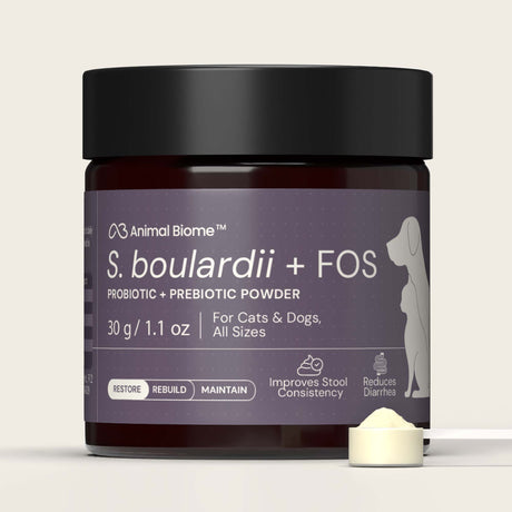 Jar of S. boulardii + FOS powder for pets on a light background