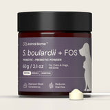 Jar of S. boulardii + FOS probiotic and prebiotic powder for pets on a light background