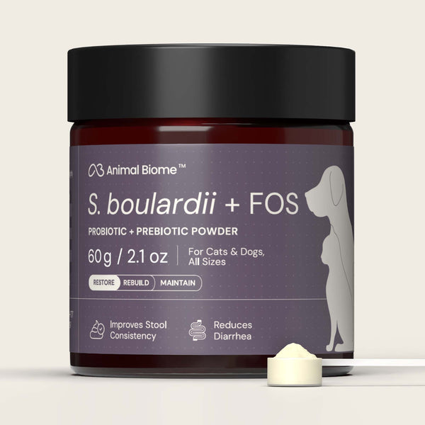 Jar of S. boulardii + FOS probiotic and prebiotic powder for pets on a light background