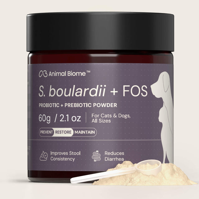 Container of Animal Biome S. boulardii + FOS powder for pets with a scoop of powder on a light background