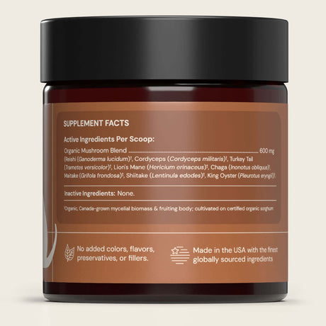 Animal Biome Mushroom Biome Blend jar with label of supplement facts